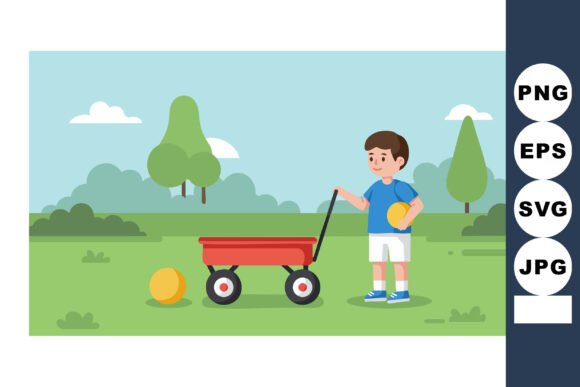 Boy Playing with Red Wagon and Yellow Ball: A Versatile Visual Asset for Creative Projects