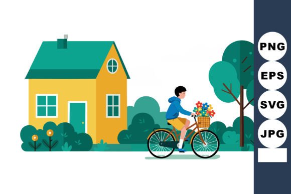 Boy Riding Bicycle with Flowers Near Yel: A Versatile Visual Asset for Creative Projects