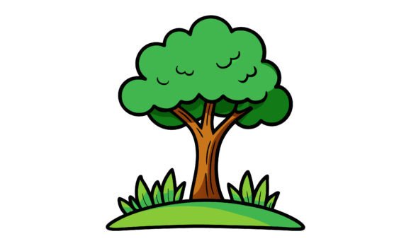Cartoon Tree with Grass and Bushes: A Versatile Silhouette Design for Creative Projects