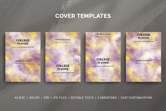 College Planner Cover Template Set: Bold Purple & Yellow