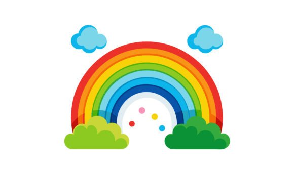 Colorful Rainbow with Clouds and Bushes