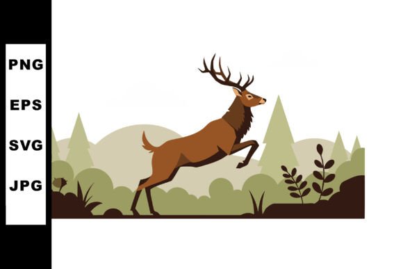 Deer Jumping over Forest Bushes with Pin: A Serene Illustration for Nature-Inspired Design