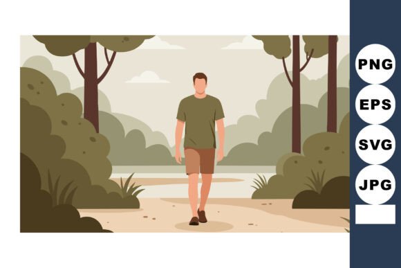 Man Walking in Green Forest Landscape Wi Asset