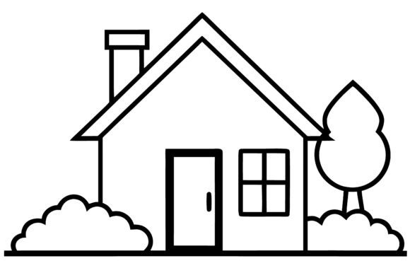 Simple House with Tree and Bushes: A Smart Choice for Digital Designers and Print Enthusiasts