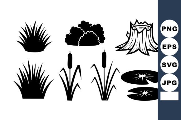Vector Black Silhouettes of Grass Bushes