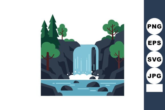 Waterfall with Rocks and Forest Trees Illustration